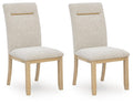 Light beige upholstered dining side chair with wooden legs and gold bar handle