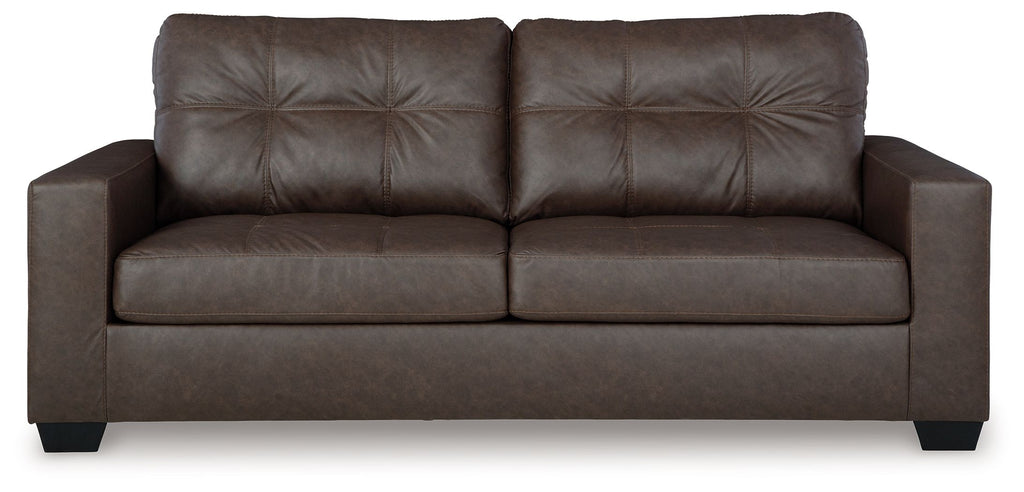 Brown sofa sleeper front view with tufted back cushions, two-seat bench, track arms.