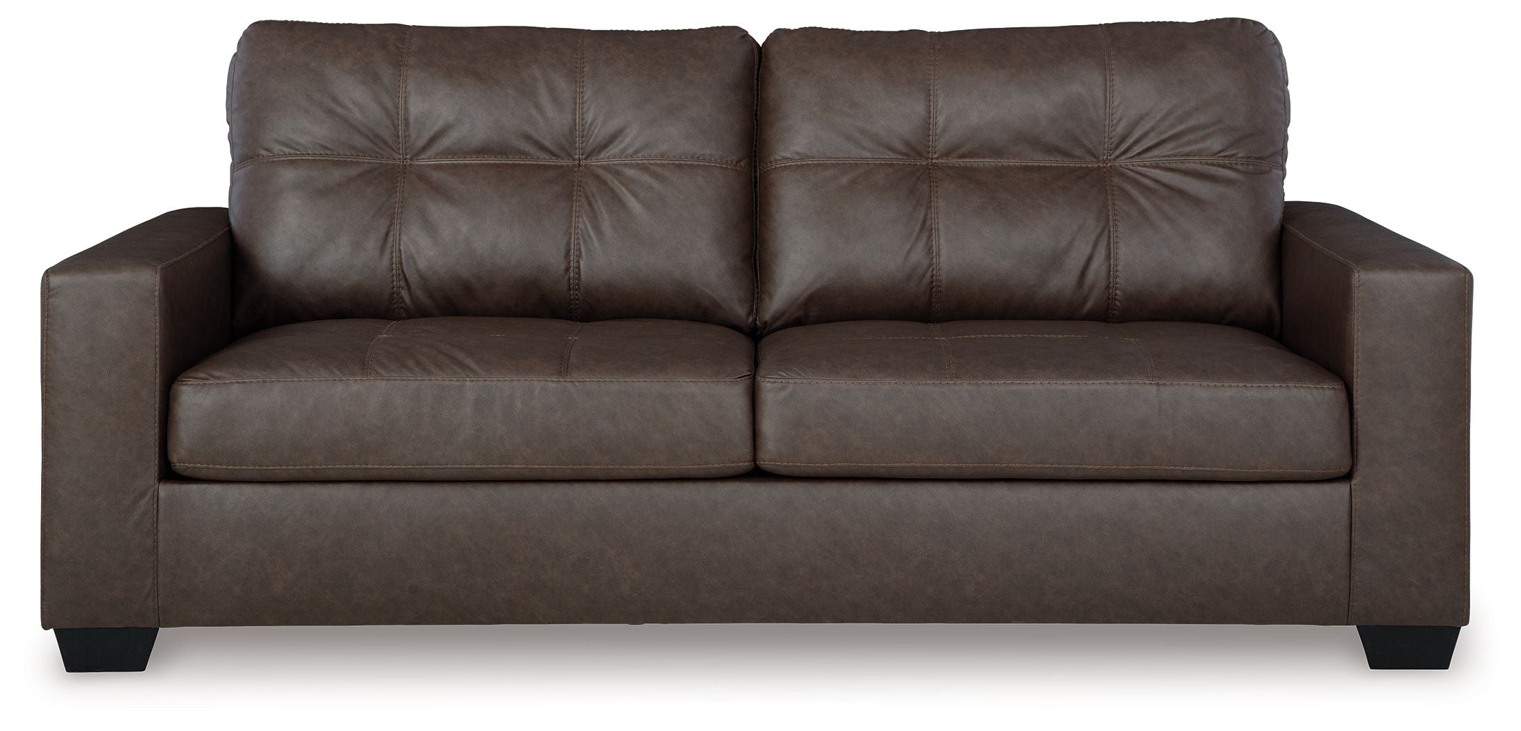 Brown sofa sleeper front view with tufted back cushions, two-seat bench, track arms.