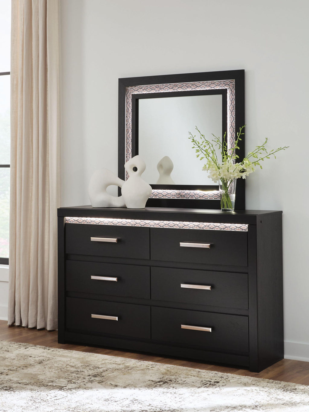 Black six-drawer dresser with square mirror and six silver bar drawer handles