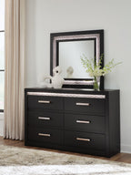 Black six-drawer dresser with square mirror and six silver bar drawer handles
