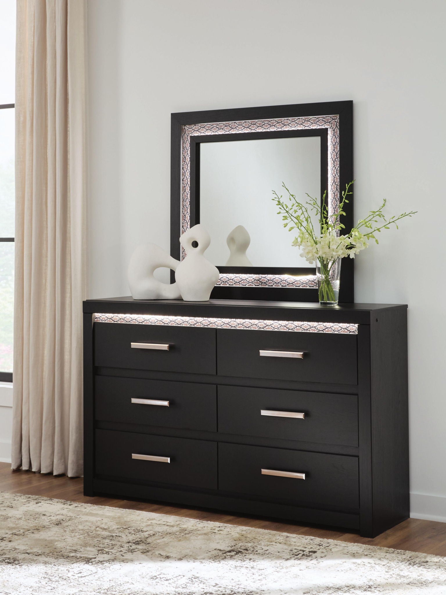 Black six-drawer dresser with square mirror and six silver bar drawer handles