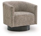 Gray upholstered accent chair with rounded arms and curved seat, black swivel base
