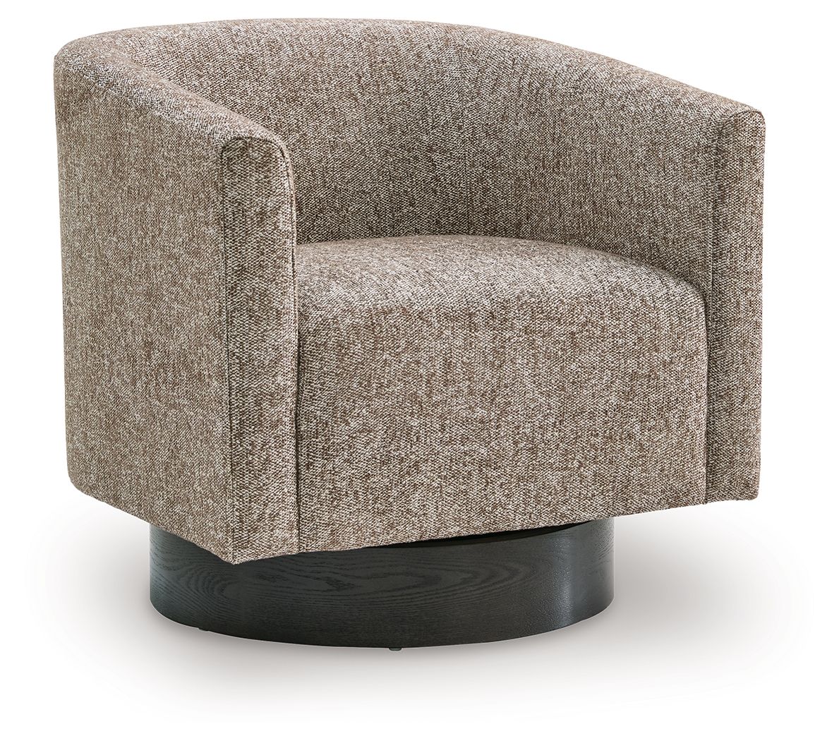 Gray upholstered accent chair with rounded arms and curved seat, black swivel base