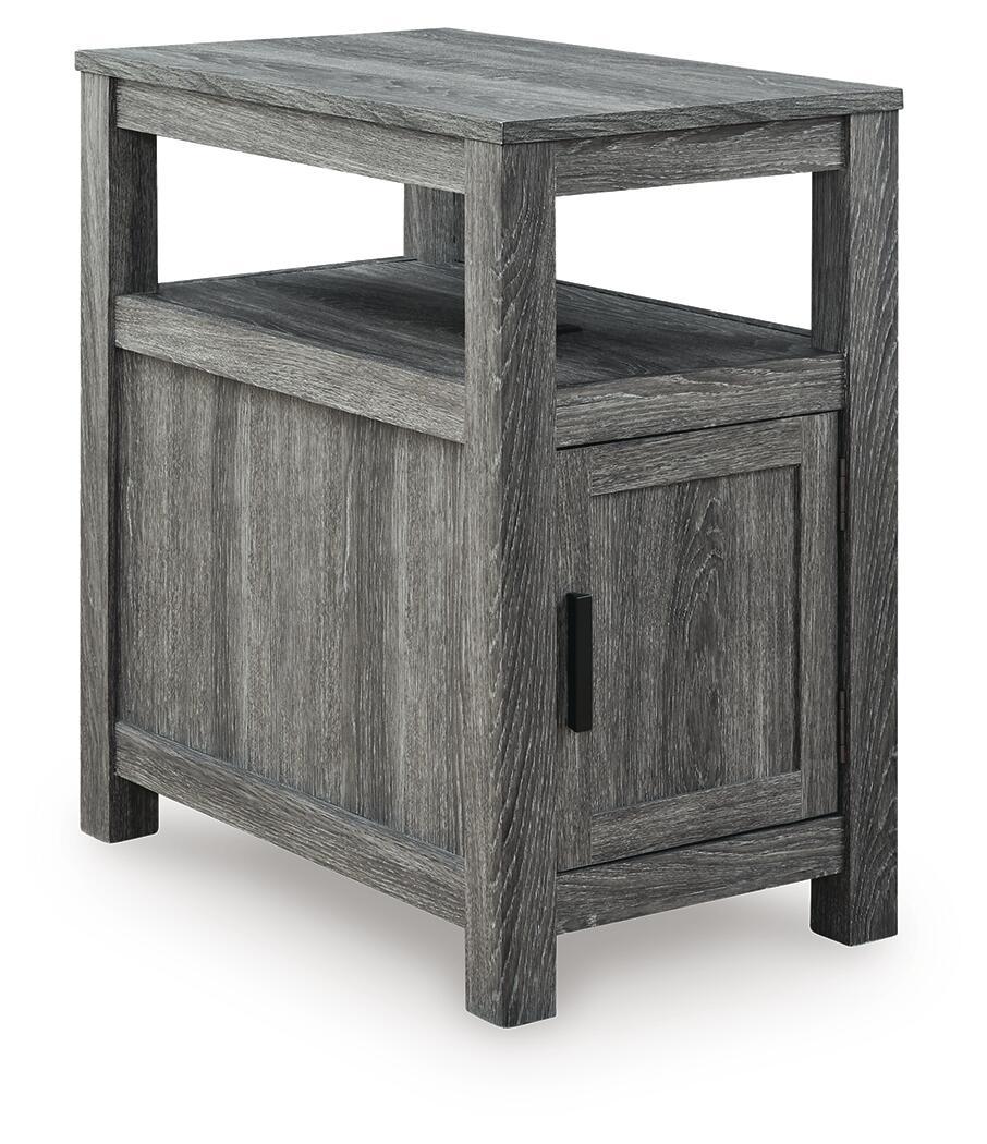 Chair side end table in weathered gray wood with open shelf and cabinet door with black pull