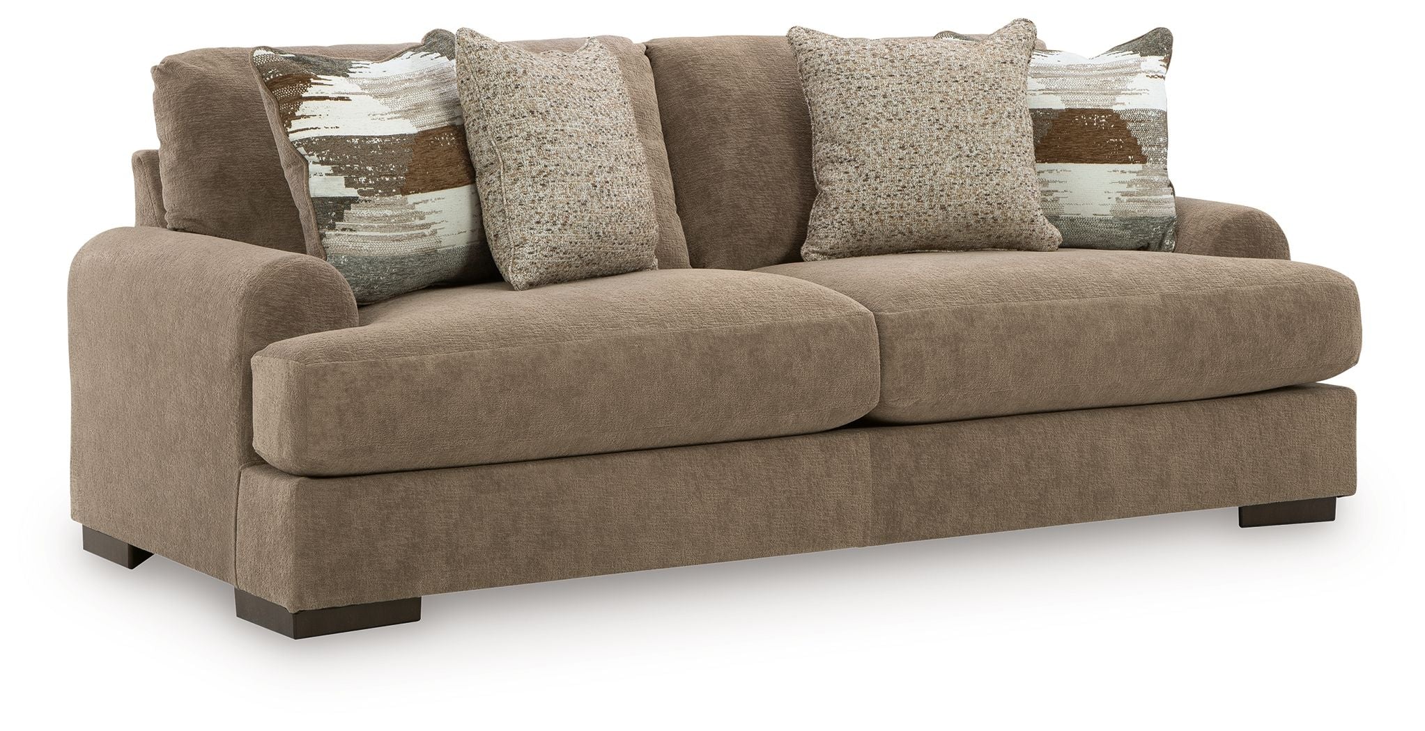 Taupe fabric sofa with boxy arms and three seat cushions