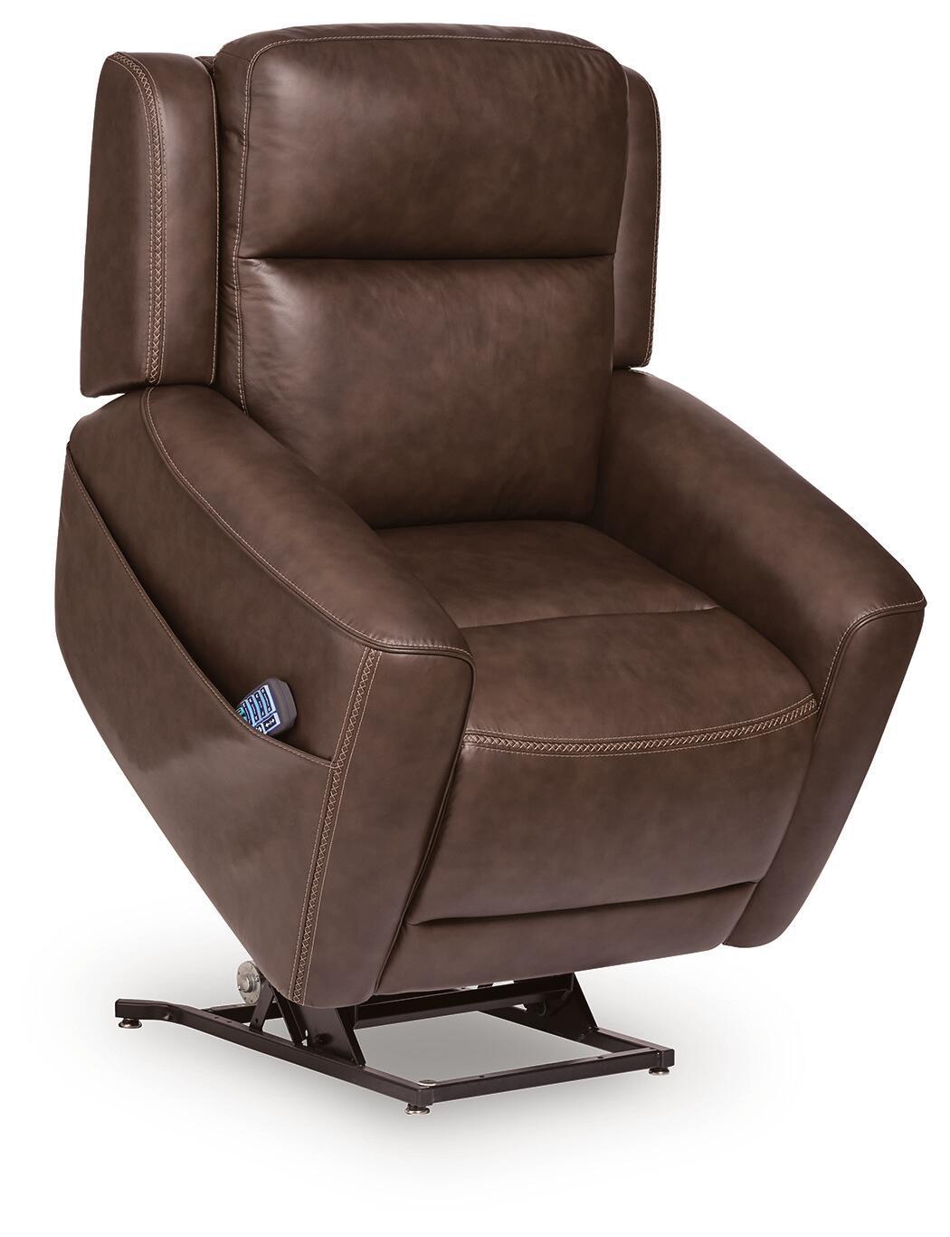 Dark brown power lift recliner with extended legrest and padded back, faux leather upholstery