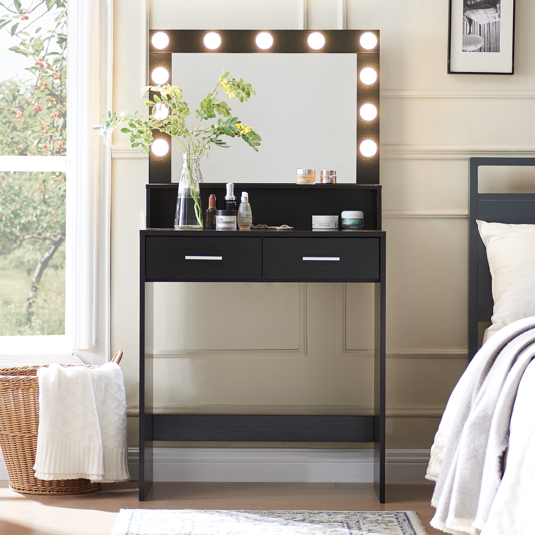 Black Vanity Desk with Mirror & Lights, Storage Dressing Table, Drawer