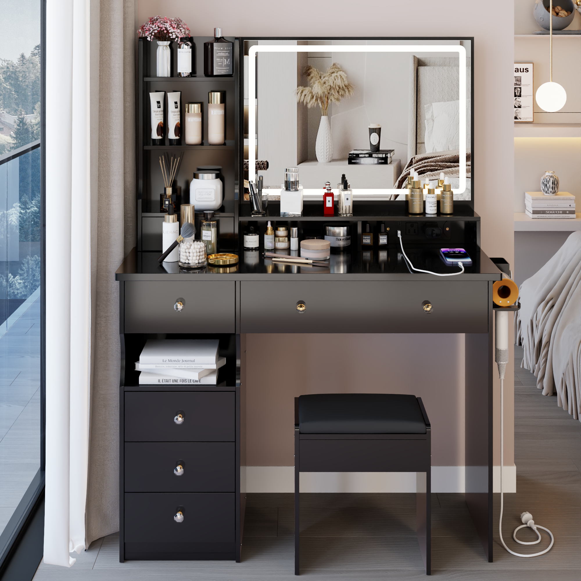 41" Vanity Table with LED Mirror, Power Station, Stool & Storage