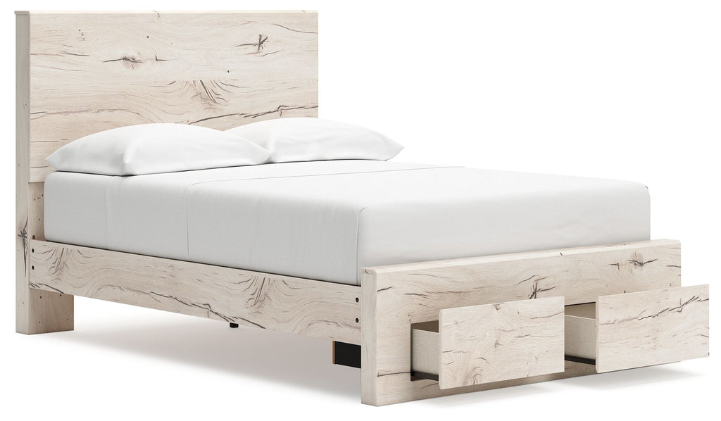 Beige panel bed with under-bed storage drawer and openable side panel detail