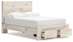 Beige panel bed with under-bed storage drawer and openable side panel detail