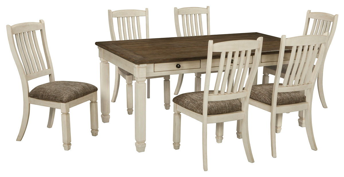 Rectangular dining table set with dark top, beige chairs, and cushioned bench seating
