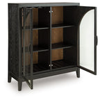 Black bar cabinet with one side open, glass door, and visible shelves inside