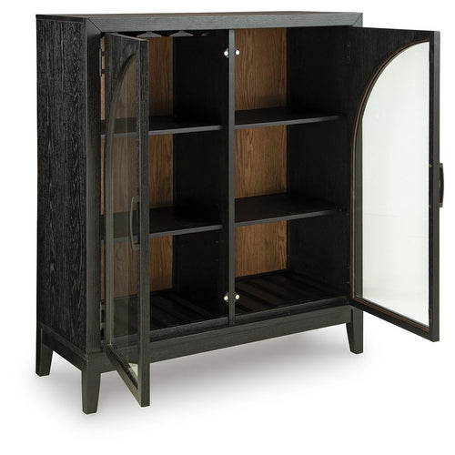 Black bar cabinet with one side open, glass door, and visible shelves inside