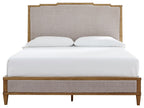 Upholstered panel bed with light gray fabric headboard and front, white comforter set