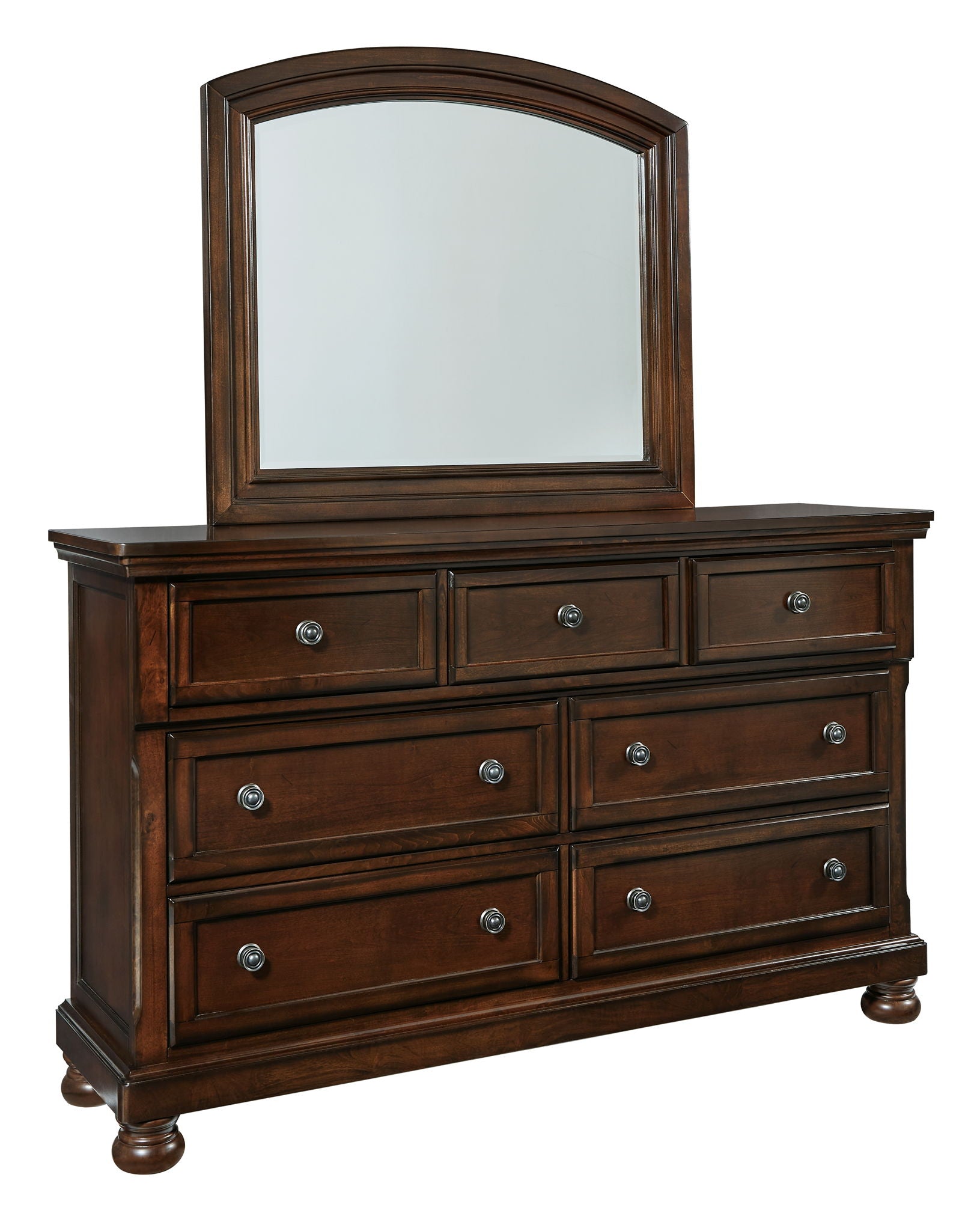 Dark brown dresser with arched mirror and three-drawer top, six small drawers below