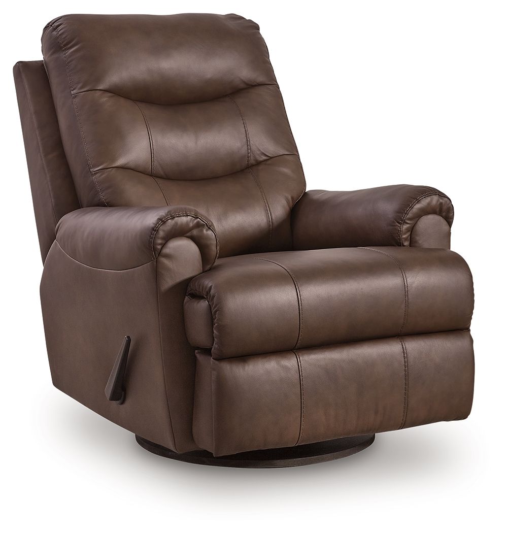 Espresso leather swivel glider recliner with reclined seat and footrest, rounded arms