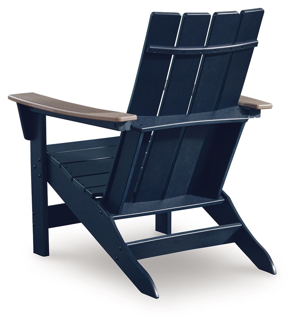 Adirondack chair angled view with dark navy slatted back, beige armrests, wide seat