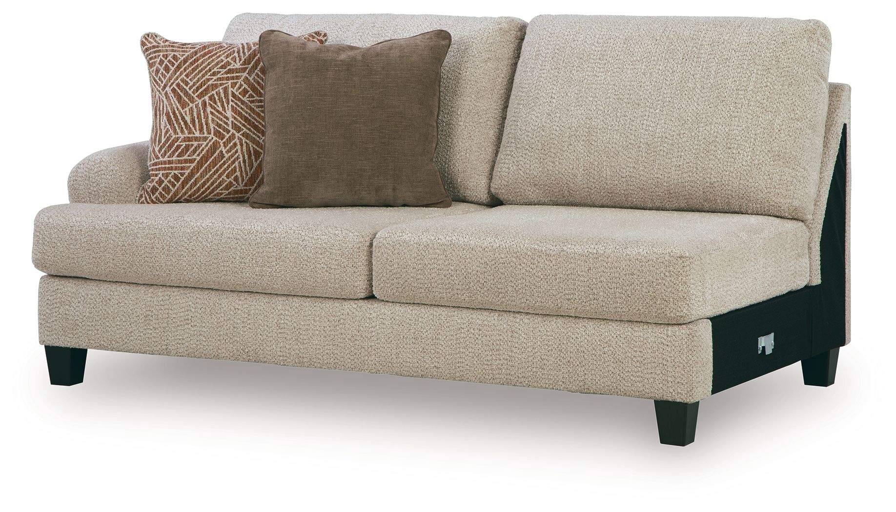 Latte fabric sofa with two seat cushions, tall back, square arms, dark legs, and accent pillows