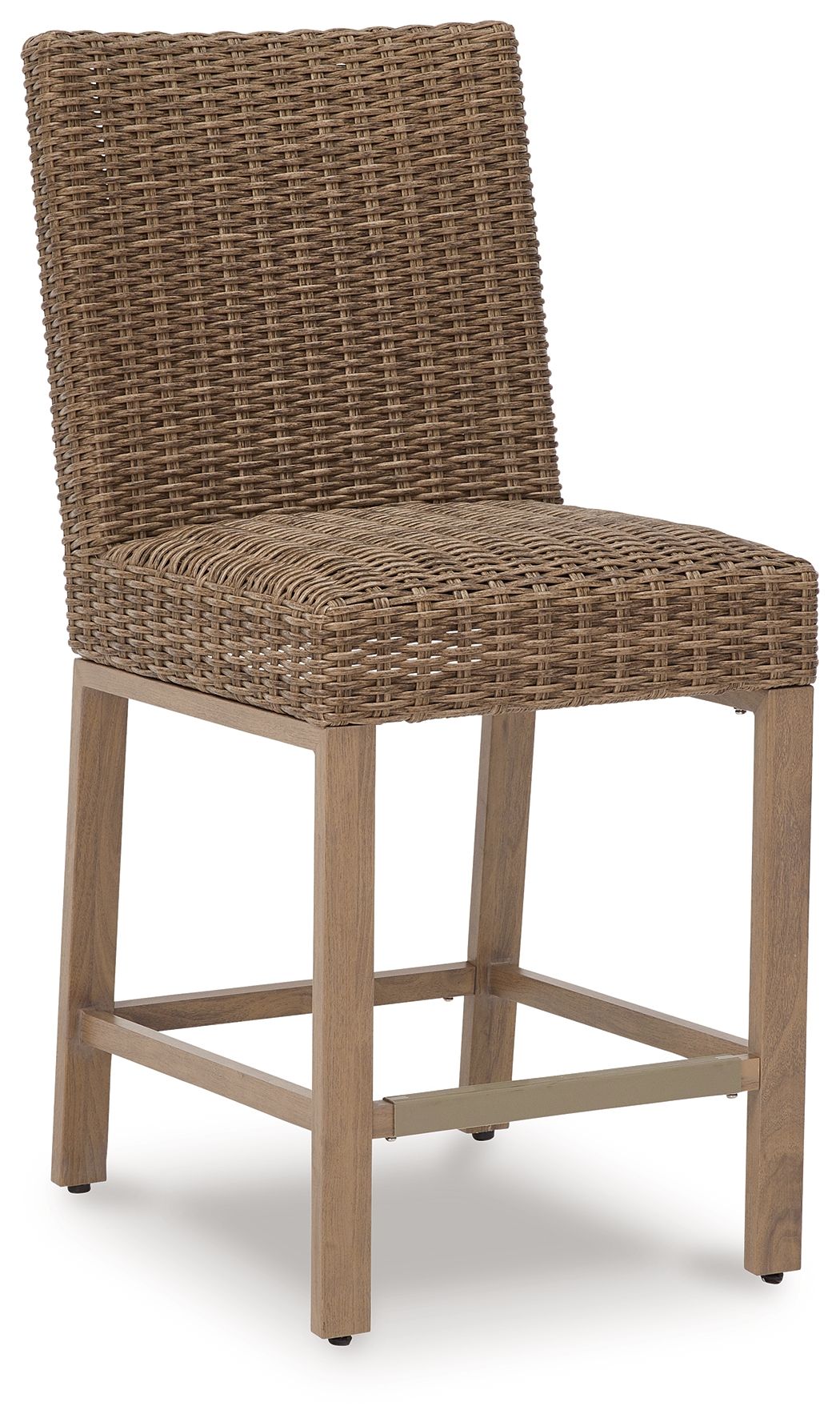 Woven bar stool with tall rectangular backrest, curved seat, and cross-style footrest