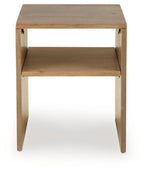 Light brown rectangular table with open shelf and squared, angled legs