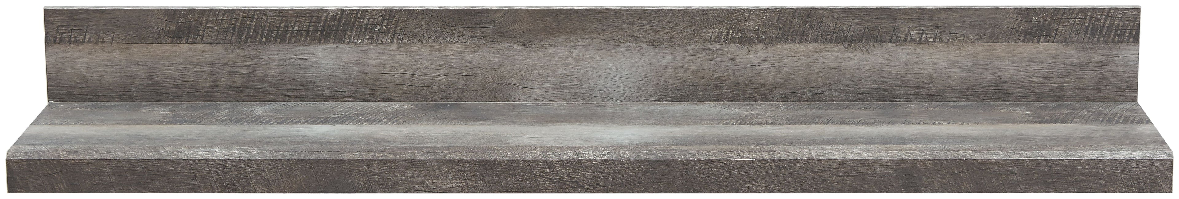 Gray wood bridge shelf with flat horizontal top and visible textured grain