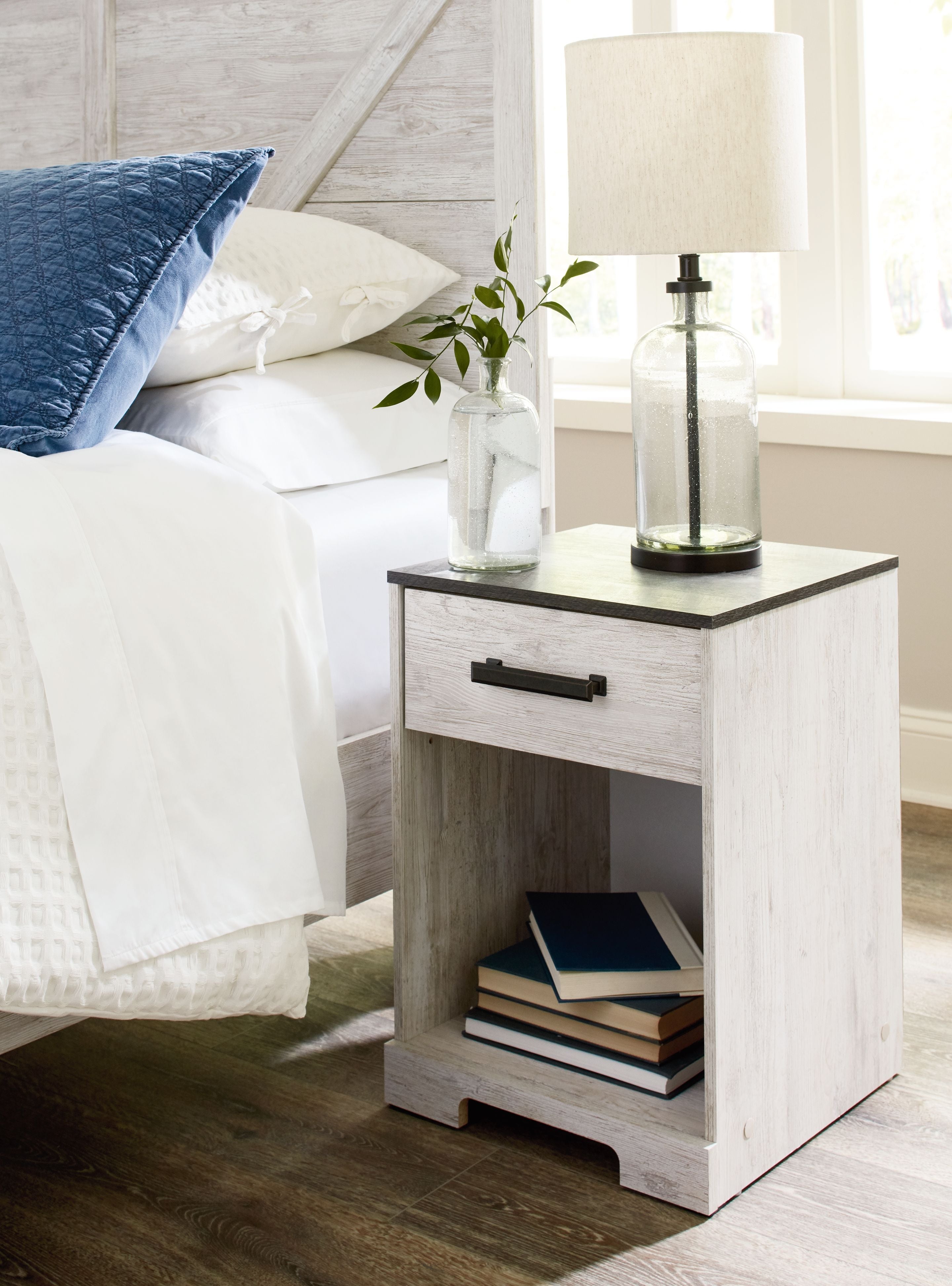 Bedside table with open cubby, one drawer, dark top, whitewash and gray wood