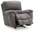Gray power rocker recliner with adjustable headrest and extended footrest, power base