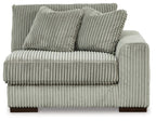 Fog corduroy corner chair with ribbed upholstery, two back pillows, and boxy armrest