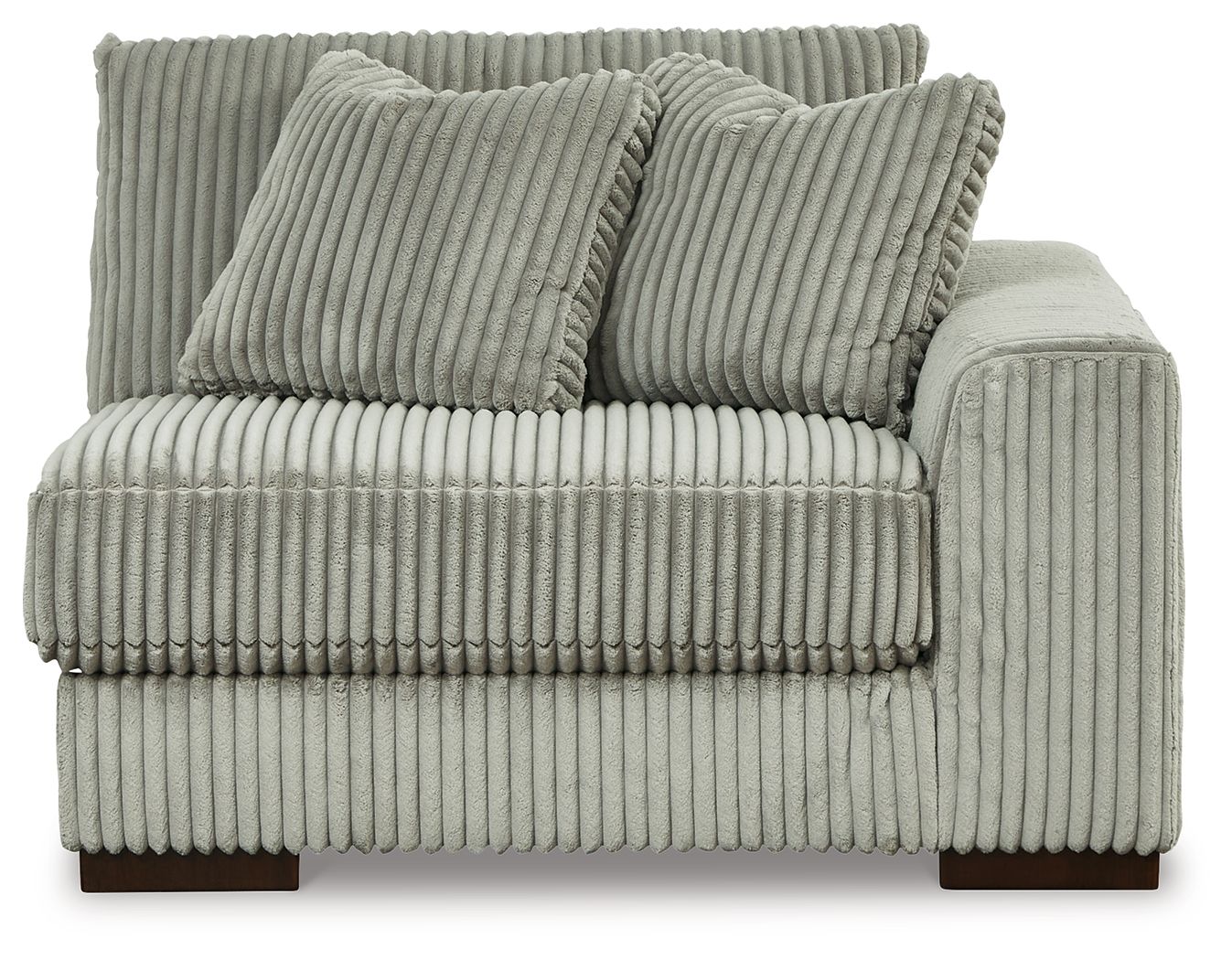 Fog corduroy corner chair with ribbed upholstery, two back pillows, and boxy armrest