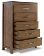 Light brown five-drawer chest with metal bar pulls and visible side frame