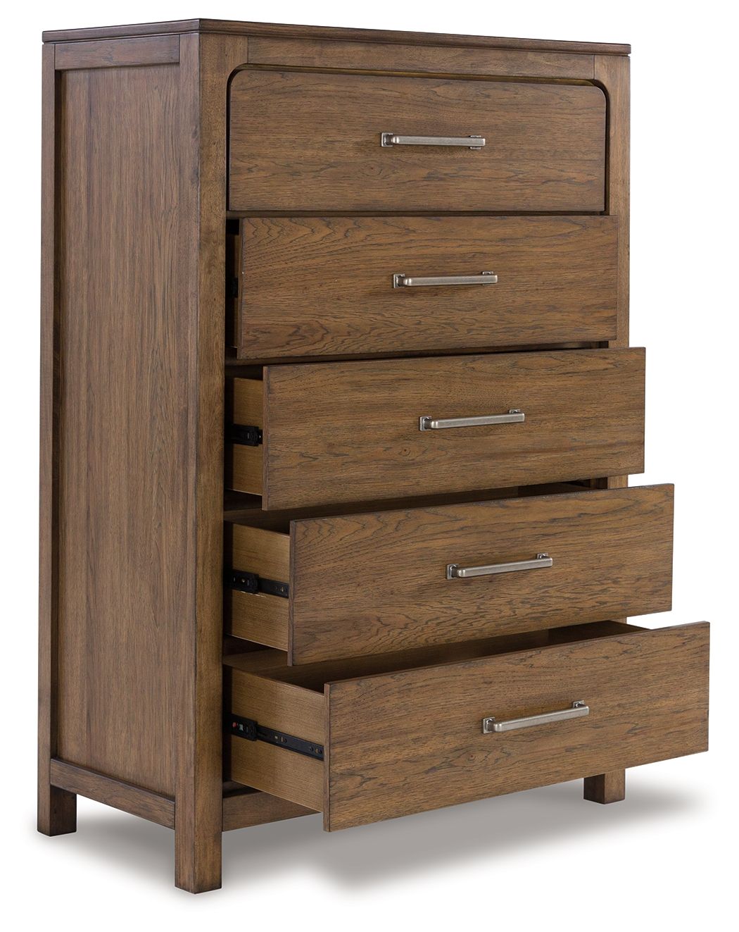 Light brown five-drawer chest with metal bar pulls and visible side frame