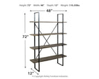 Black and gray open bookcase with four shelves, metal posts, and X cross supports