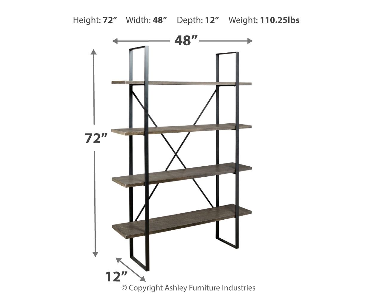 Black and gray open bookcase with four shelves, metal posts, and X cross supports