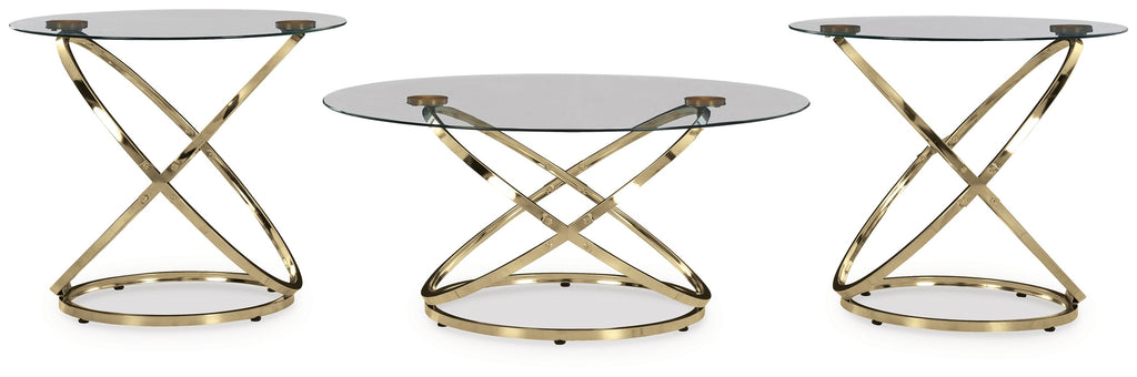 Three-piece occasional table set with round clear glass tops and champagne X frames