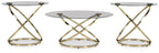 Three-piece occasional table set with round clear glass tops and champagne X frames