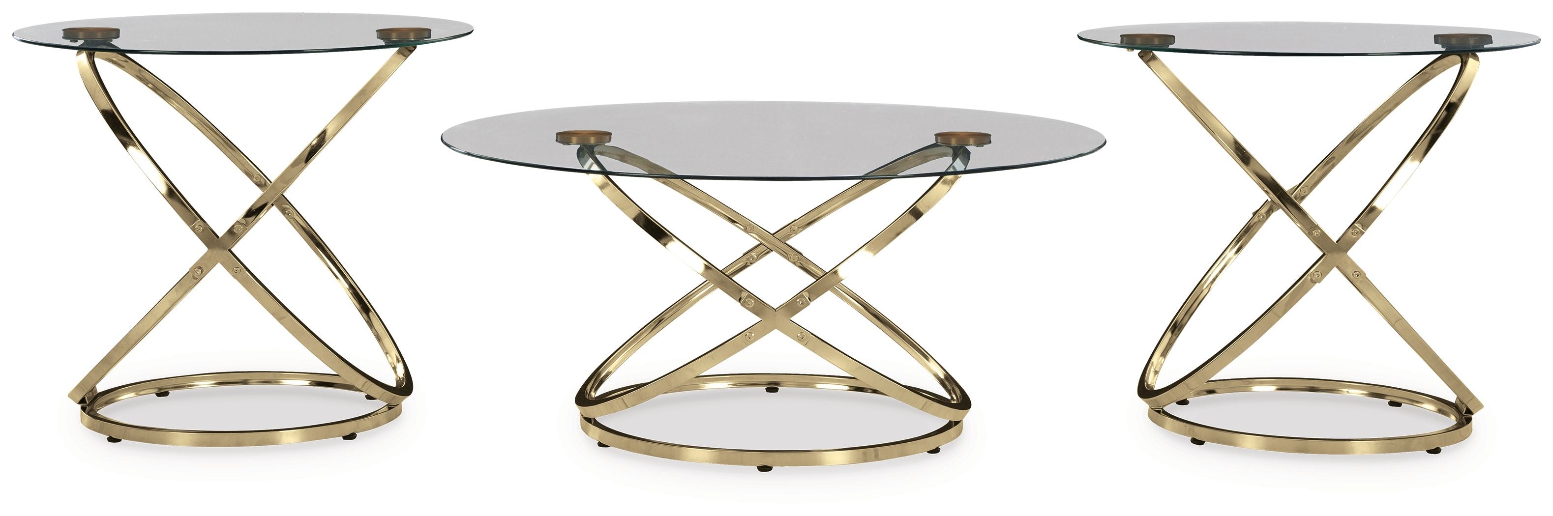 Three-piece occasional table set with round clear glass tops and champagne X frames