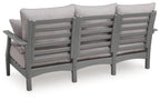 Gray outdoor sofa with back cushions and slatted gray frame