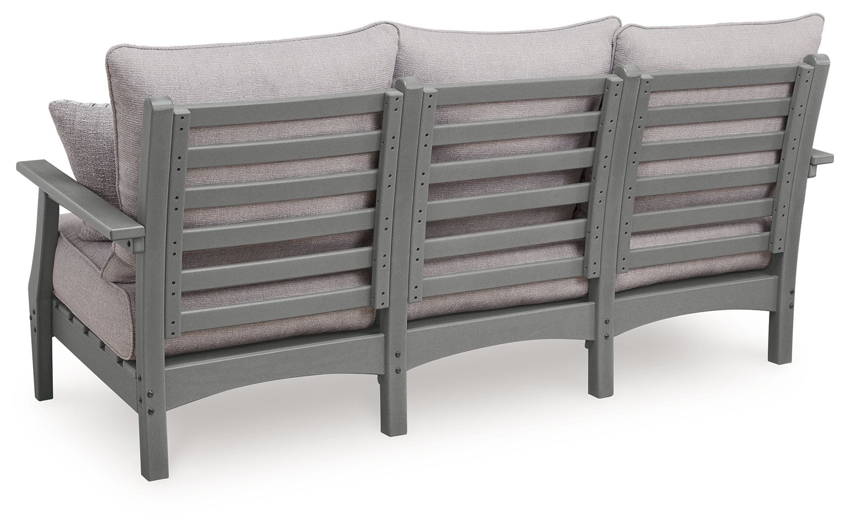 Gray outdoor sofa with back cushions and slatted gray frame