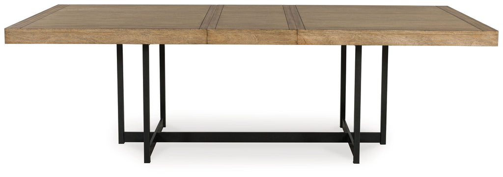 Light brown dining table with black metal legs, rectangular top.