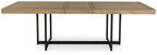 Light brown dining table with black metal legs, rectangular top.