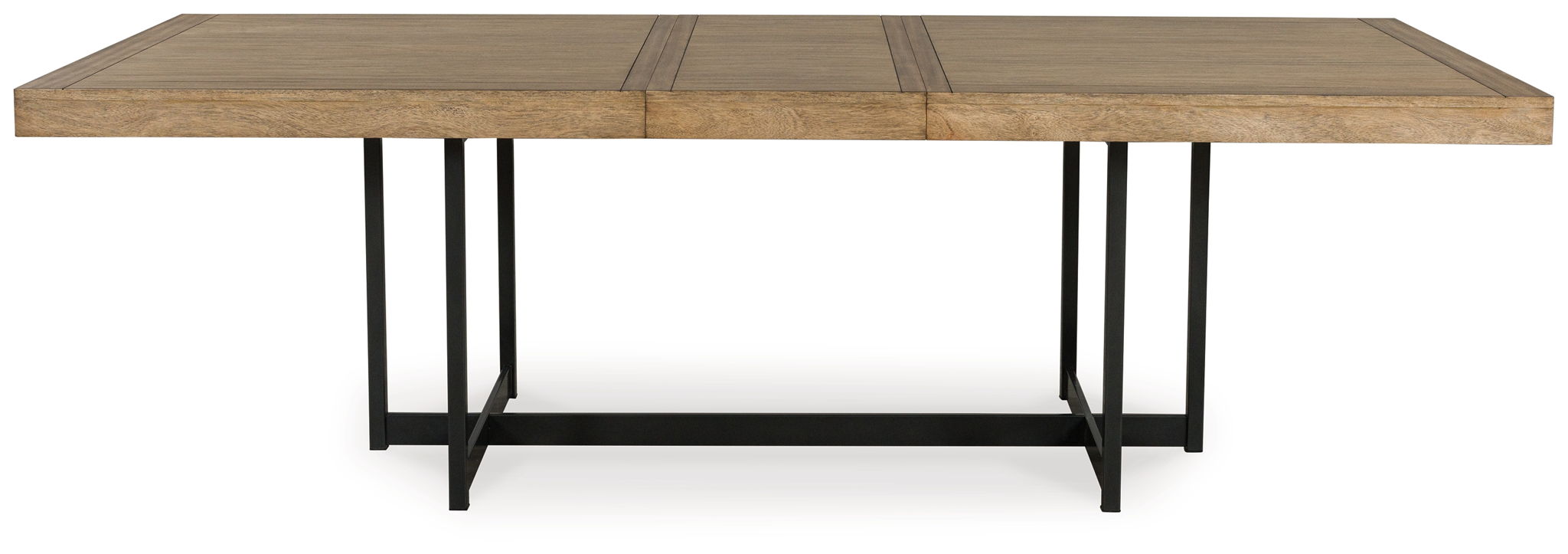 Light brown dining table with black metal legs, rectangular top.