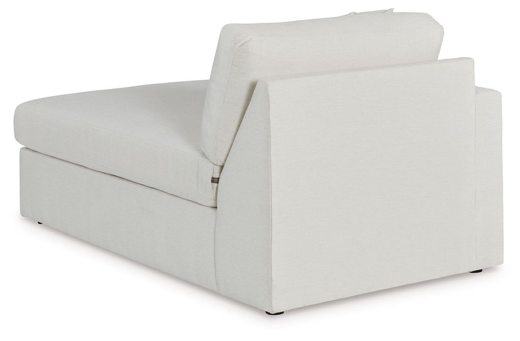 Left-facing corner chaise with light oyster upholstery, thick back cushions and base