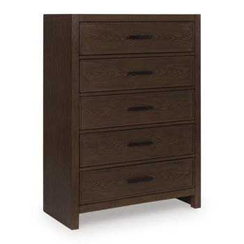 Brown drawer chest with four drawers and dark pull handles