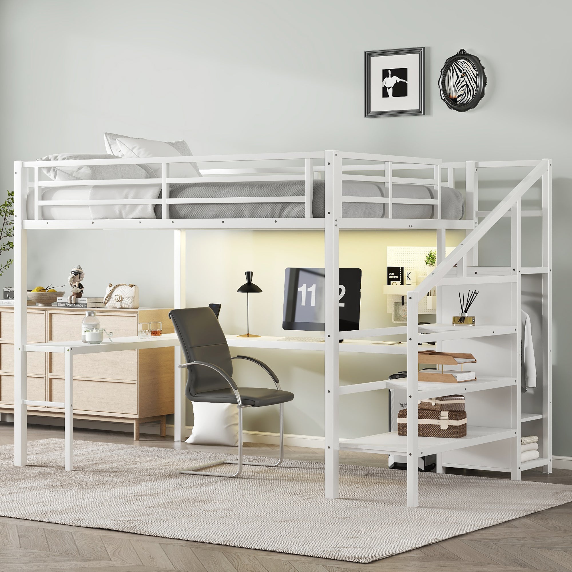 Queen Metal Loft Bed with Desk, Wardrobe, USB, LED - White