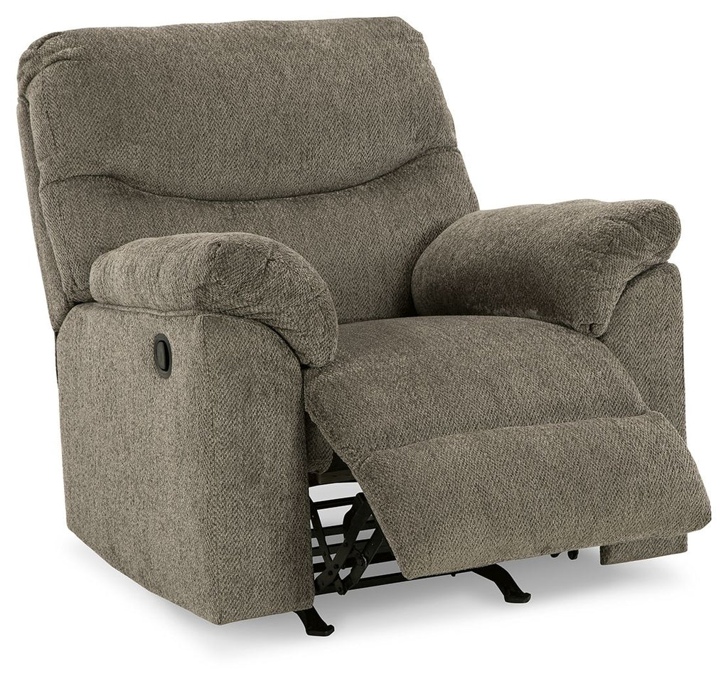 Alphons rocker recliner in putty fabric with pull handle and open footrest, angled view