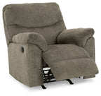 Alphons rocker recliner in putty fabric with pull handle and open footrest, angled view