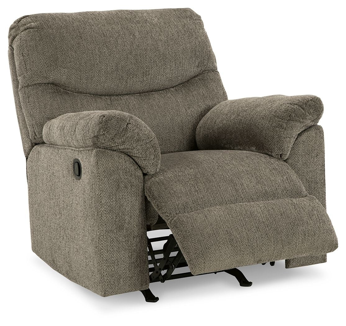 Alphons rocker recliner in putty fabric with pull handle and open footrest, angled view