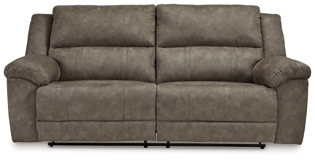 2-seat reclining sofa with two recliner seats, fossil gray fabric and plush armrests