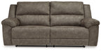 2-seat reclining sofa with two recliner seats, fossil gray fabric and plush armrests